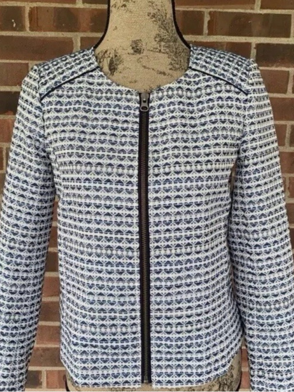 J. Crew Navy & White Zip-Front Textured Jacket. Size M